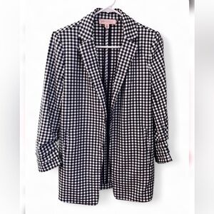 Black & White Gingham Open Front Blazer Ruched Sleeves